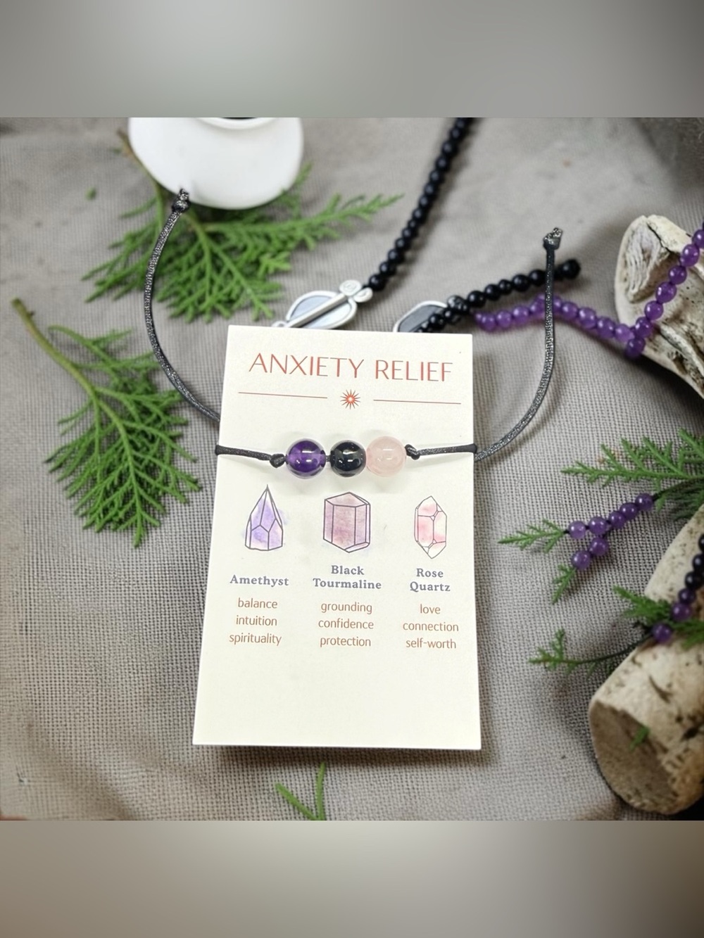🏷️‼️5/$25🏷️‼️Anxiety Relief Bracelet w/Amethyst, Black Tourmaline & Rose Qtz/NIP